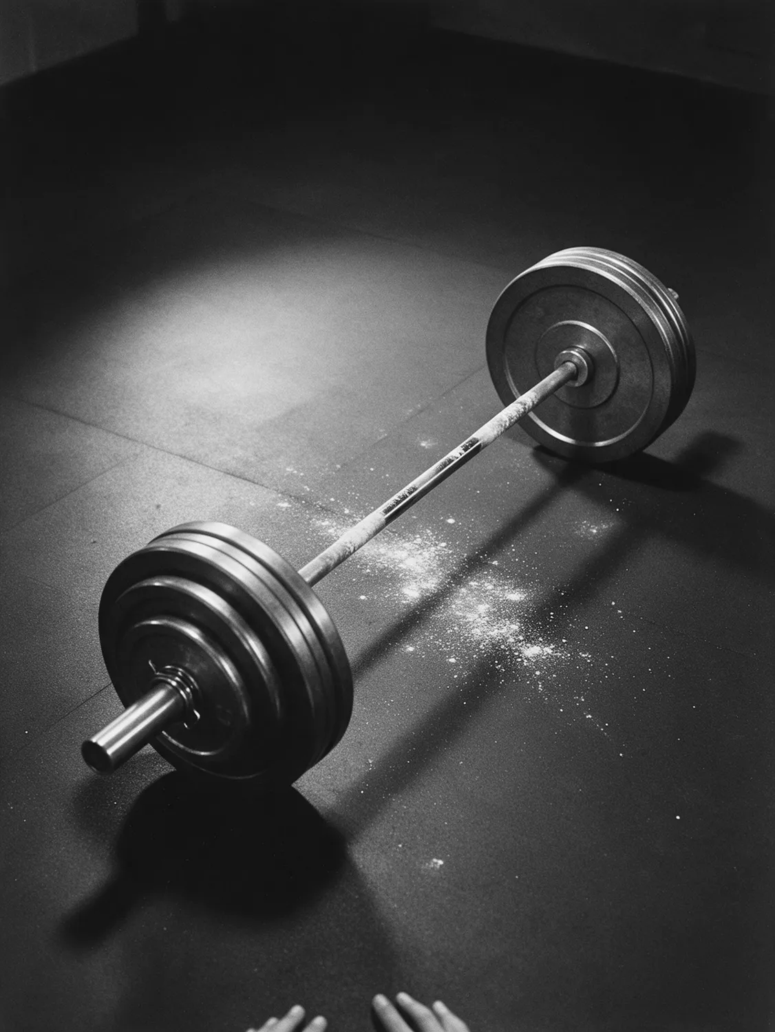 A proof photo: a loaded barbell on a gym floor, dusted with chalk.